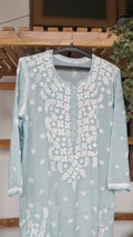 Firozi silk Chikankari Kurta by LVW Fashions featuring intricate handmade Lucknow embroidery and luxurious look.