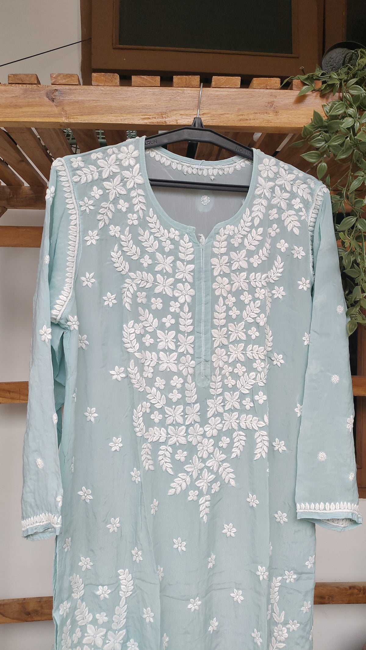 Firozi silk Chikankari Kurta by LVW Fashions featuring intricate handmade Lucknow embroidery and luxurious look.