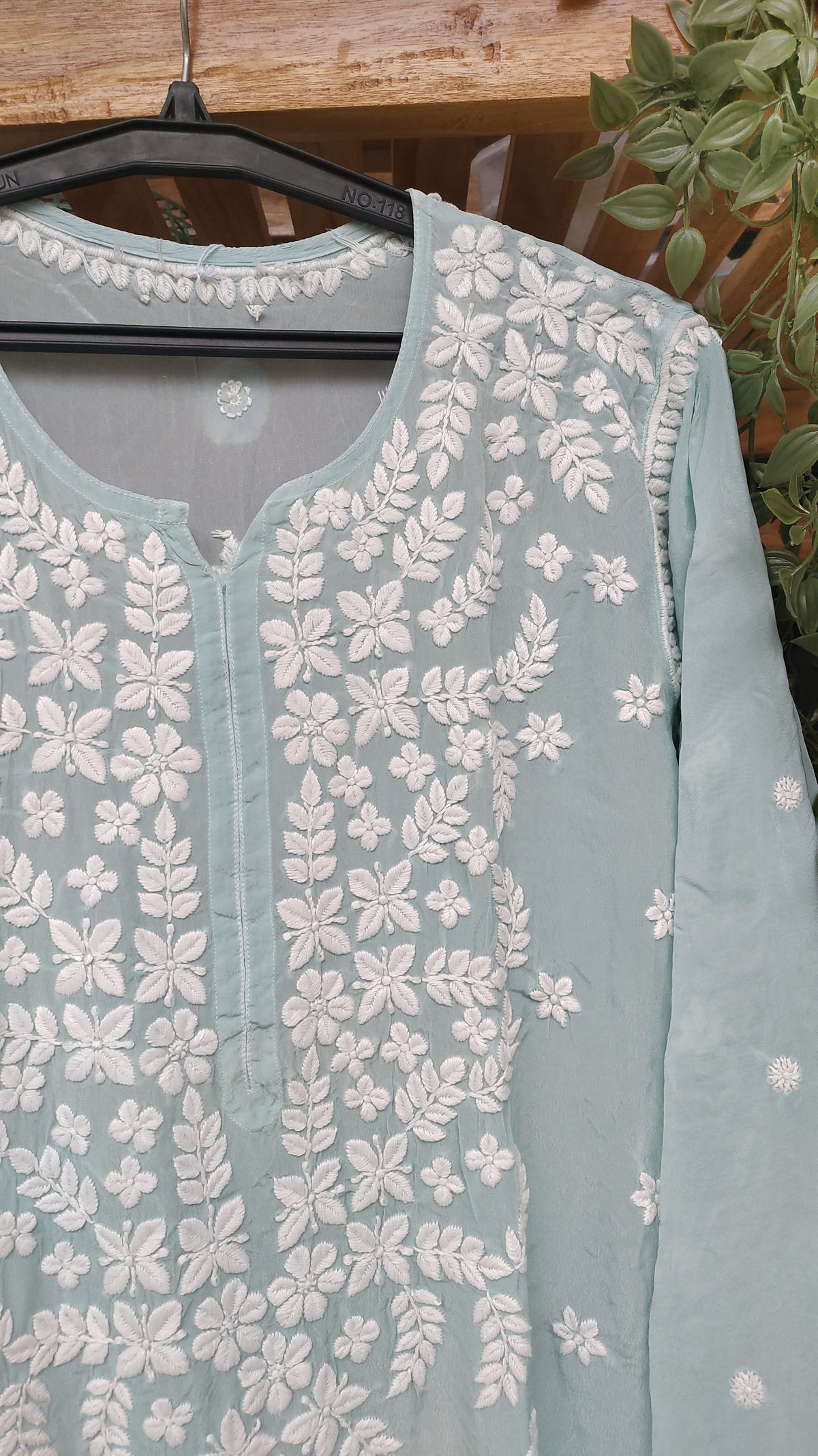 Zeba Firozi premium silk Chikankari Kurta by LVW Fashions, handcrafted Lucknow embroidery, luxurious look, traditional style.