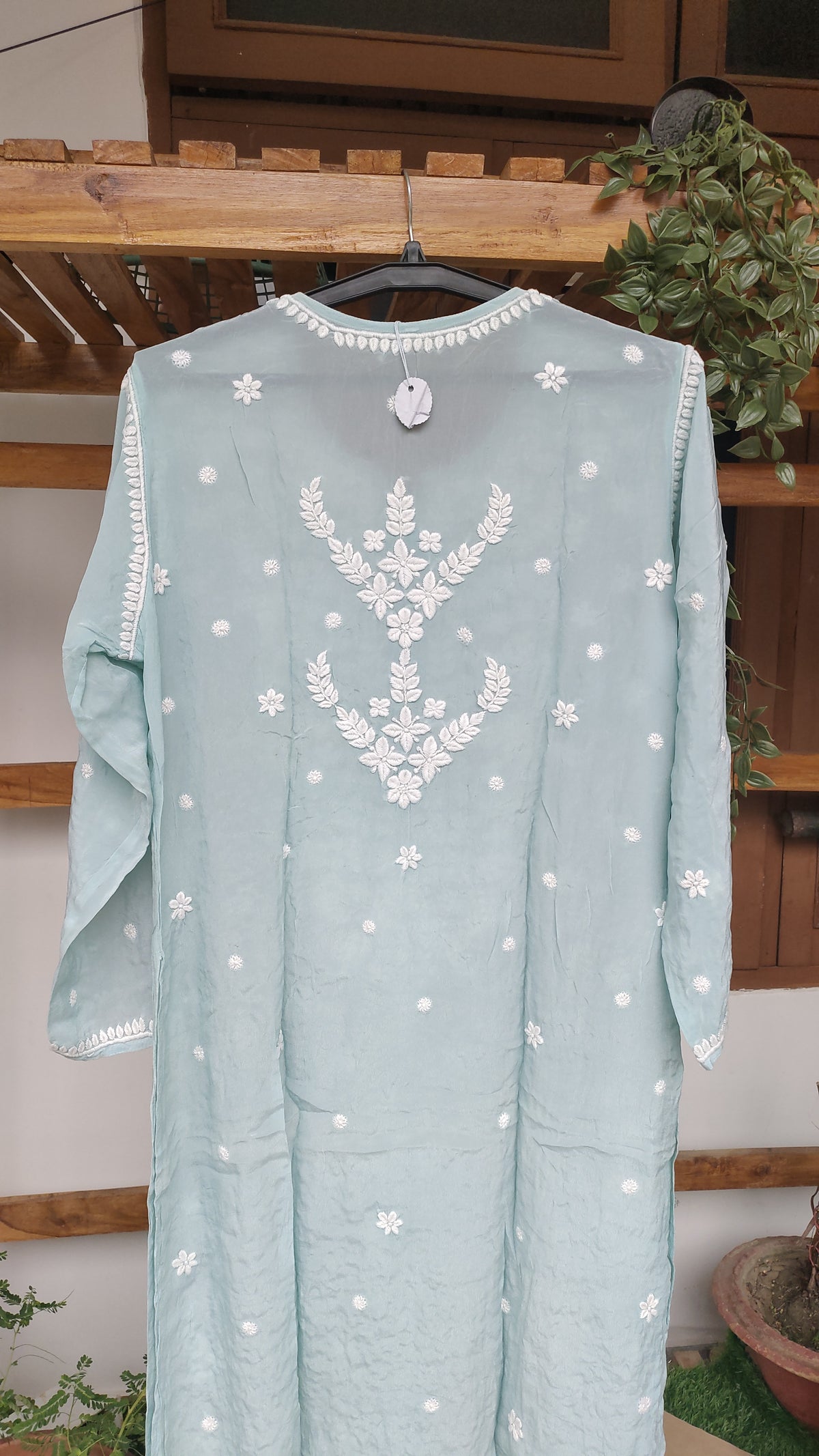 Firozi premium silk Zeba Chikankari Kurta by LVW Fashions, luxurious handmade Lucknow chikankari, showcasing intricate embroidery.