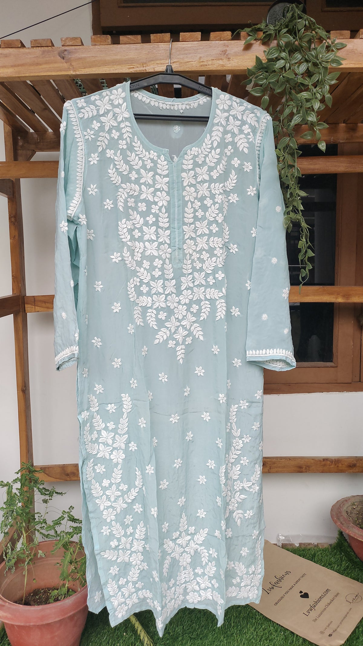 Zeba Firozi premium silk Chikankari Kurta by LVW Fashions, handcrafted Lucknow embroidery, luxurious look, short kurta for women.