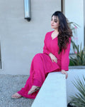 Hot pink Zeba premium georgette Chikankari Kurta set by LVW Fashions, featuring intricate handmade Lucknow Chikankari embroidery.