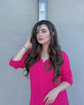 Hot pink Zeba premium georgette Kurta set with intricate handmade Lucknow chikankari embroidery, by LVW Fashions.