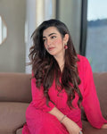 Hot pink Zeba premium georgette Chikankari kurta set by LVW Fashions, showcasing intricate Lucknow Chikankari embroidery.