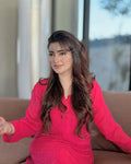 Hot pink Zeba Premium Georgette Chikankari Kurta set by LVW Fashions, featuring intricate Lucknow-style hand embroidery.
