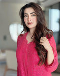 Hot pink Zeba premium georgette Chikankari kurta set by LVW Fashions, featuring intricate handmade Lucknow Chikankari embroidery.
