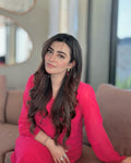 Hot pink Zeba Georgette Chikankari Kurta set by LVW Fashions with intricate Lucknow embroidery, handmade and elegant.
