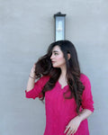 Hot pink Zeba premium georgette Chikankari kurta set by LVW Fashions, featuring intricate Lucknow hand-embroidery.
