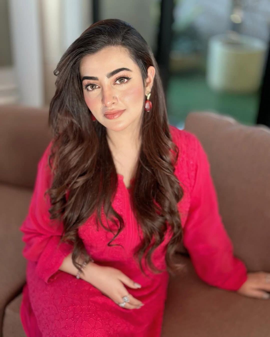 Hot pink Zeba premium georgette Chikankari Kurta set by LVW Fashions, handmade Lucknow Chikankari with intricate embroidery.