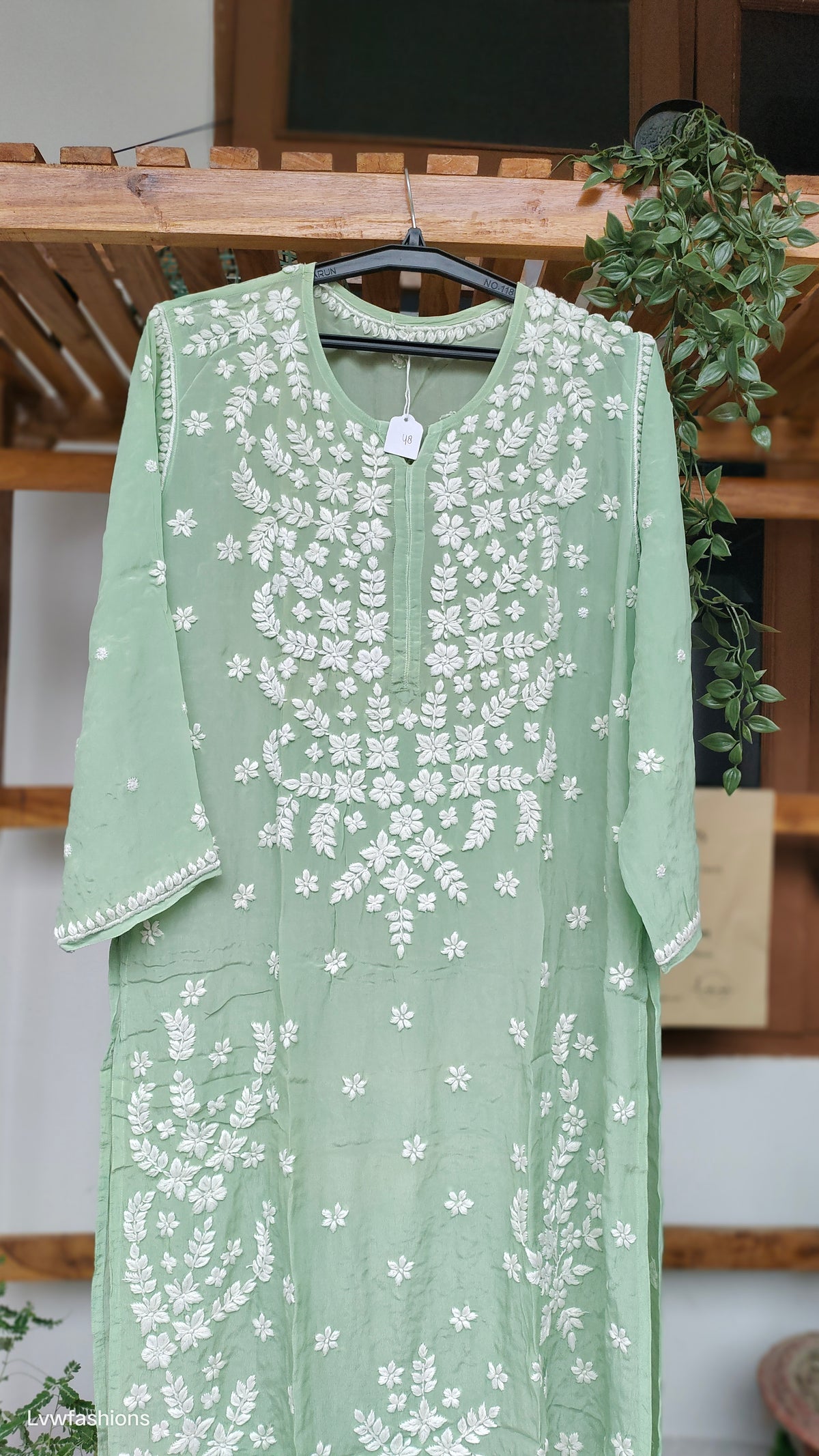 Green Zeba Pista Premium Silk Chikankari Kurti by LVW Fashions, long handmade Lucknow Chikankari kurta, luxurious and elegant.