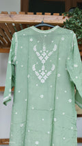 Pista green Zeba premium silk long kurti with intricate handmade Lucknow chikankari embroidery by LVW Fashions.