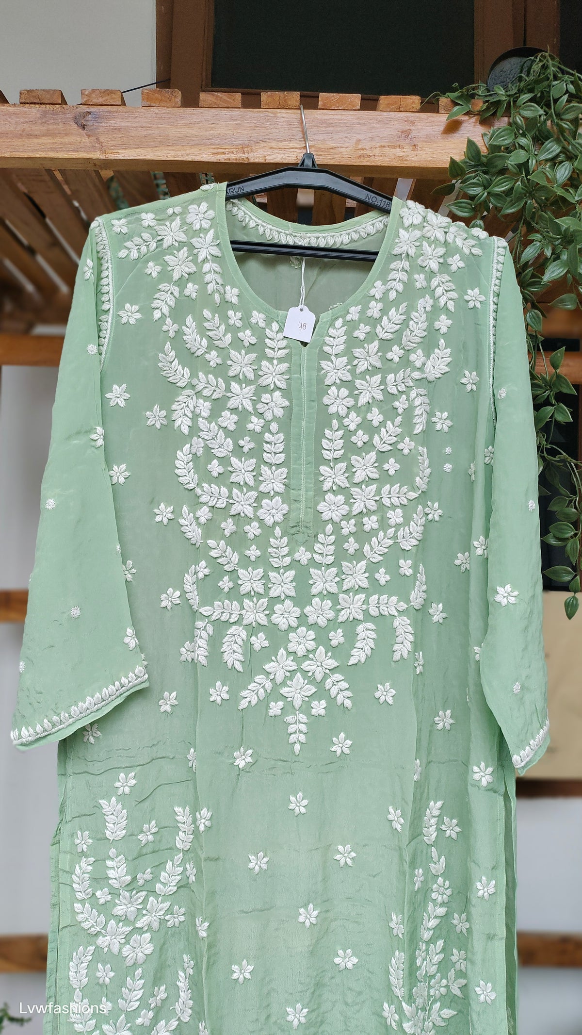 Pista green Zeba premium silk long Kurti with intricate Lucknow chikankari embroidery by LVW Fashions, handmade luxurious look.