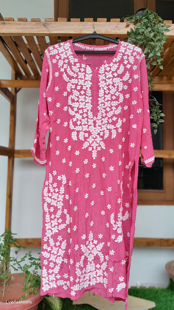 Zeba premium silk long kurta with intricate handmade Lucknow chikankari embroidery by LVW Fashions, showcasing traditional craftsmanship.
