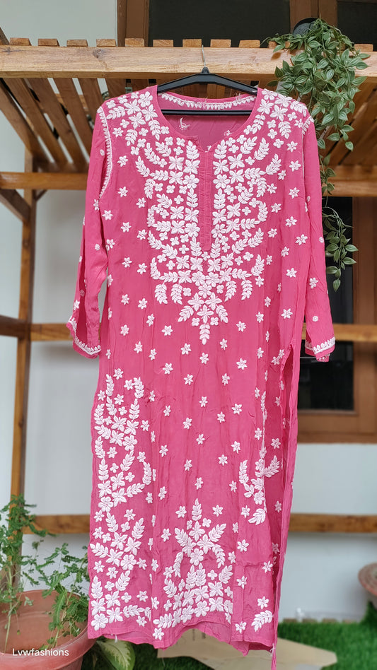 Zeba premium silk long kurta with intricate handmade Lucknow chikankari embroidery by LVW Fashions, showcasing traditional craftsmanship.