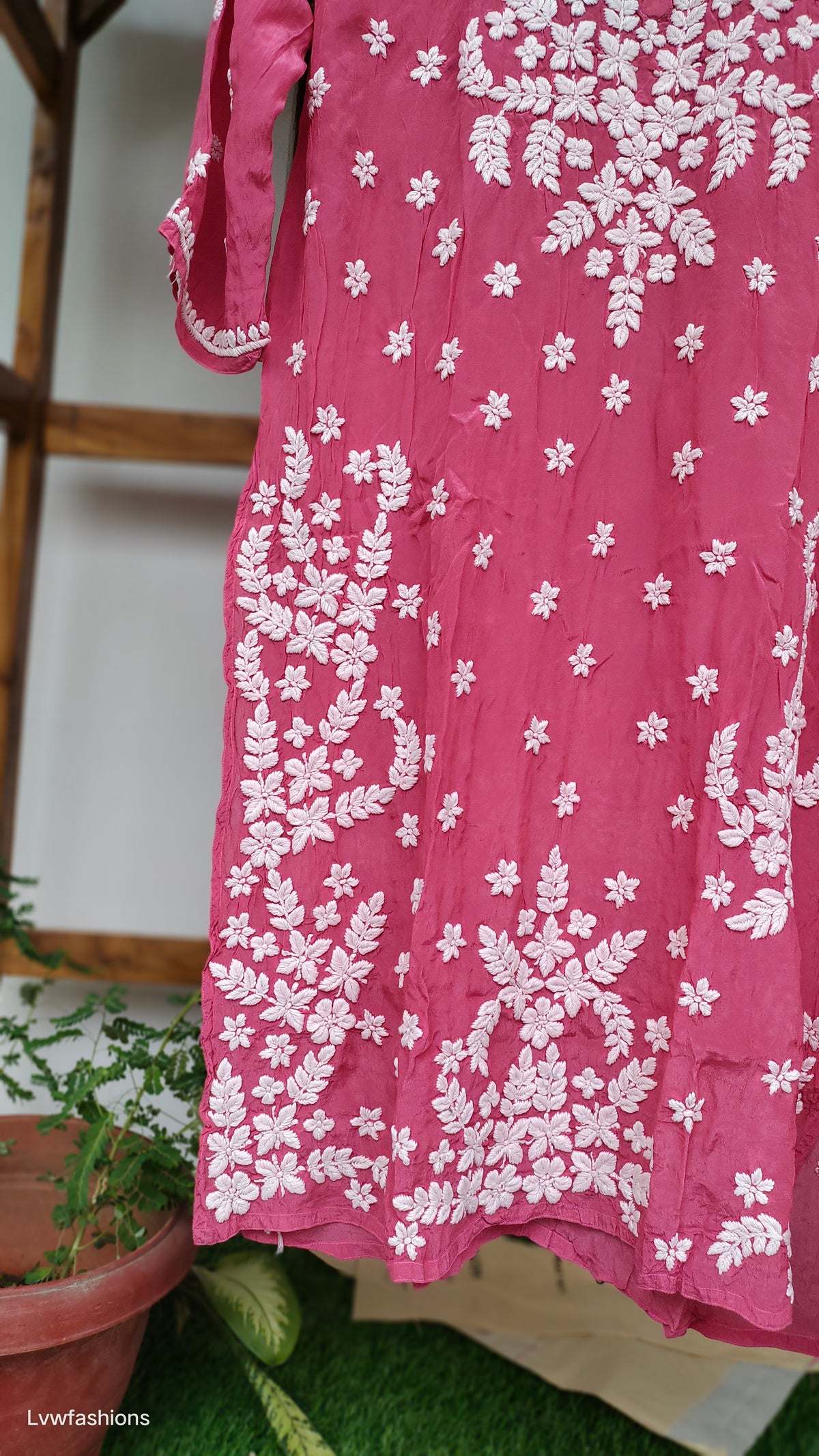 Zeba Premium Silk Chikankari Long Kurta by LVW Fashions featuring intricate handmade Lucknow chikankari embroidery.