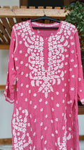 Zeba premium silk Chikankari long kurta by LVW Fashions, handmade Lucknow Chikankari in delicate embroidery, XS size.