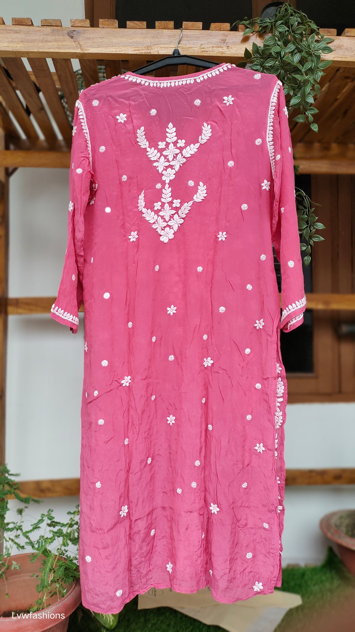 Zeba Premium Silk Chikankari Long Kurta by LVW Fashions featuring intricate handmade Lucknow Chikankari embroidery on silk fabric.