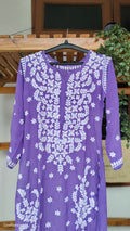 Purple silk Zeba long kurta with intricate handmade Lucknow chikankari embroidery by LVW Fashions.