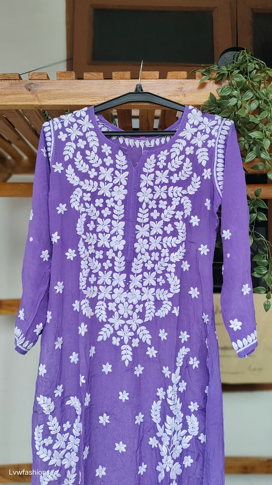 Purple silk Zeba long kurta with intricate handmade Lucknow chikankari embroidery by LVW Fashions.