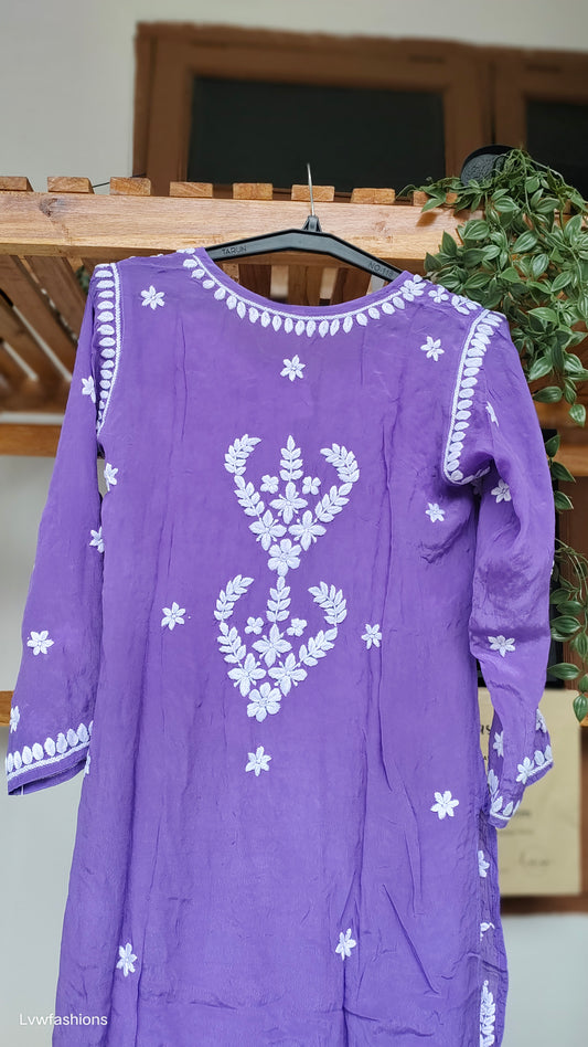 Purple silk long kurta with intricate white chikankari embroidery by LVW Fashions, handmade in Lucknow, featuring traditional craftsmanship.