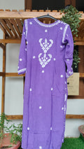 Purple silk long kurta with intricate Lucknow chikankari embroidery by LVW Fashions, handcrafted premium chikankari design.
