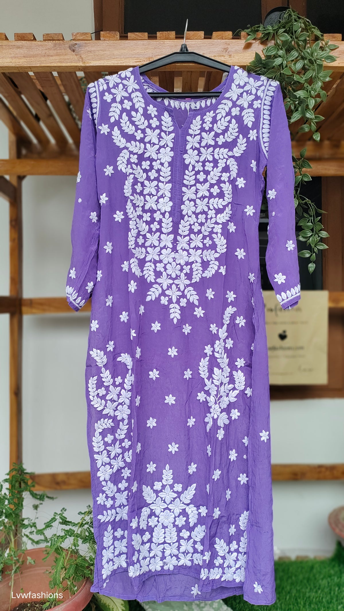 Zeba purple premium silk long kurta with intricate handmade Lucknow chikankari embroidery by LVW Fashions.