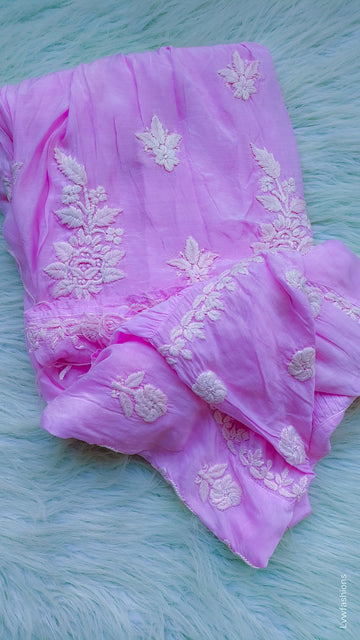 Pinkish premium silk Chikankari midi gown by LVW Fashions featuring intricate handmade Lucknow Chikankari embroidery.