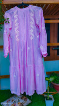 Pinkish premium silk Chikankari midi gown by LVW Fashions, featuring intricate handmade Lucknow embroidery and elegant design.