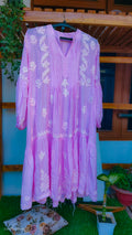 Pinkish premium silk Chikankari midi gown by LVW Fashions, showcasing intricate handmade Lucknow Chikankari embroidery.