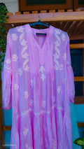 Pinkish premium silk Chikankari midi gown by LVW Fashions, featuring intricate handmade Lucknow Chikankari embroidery.