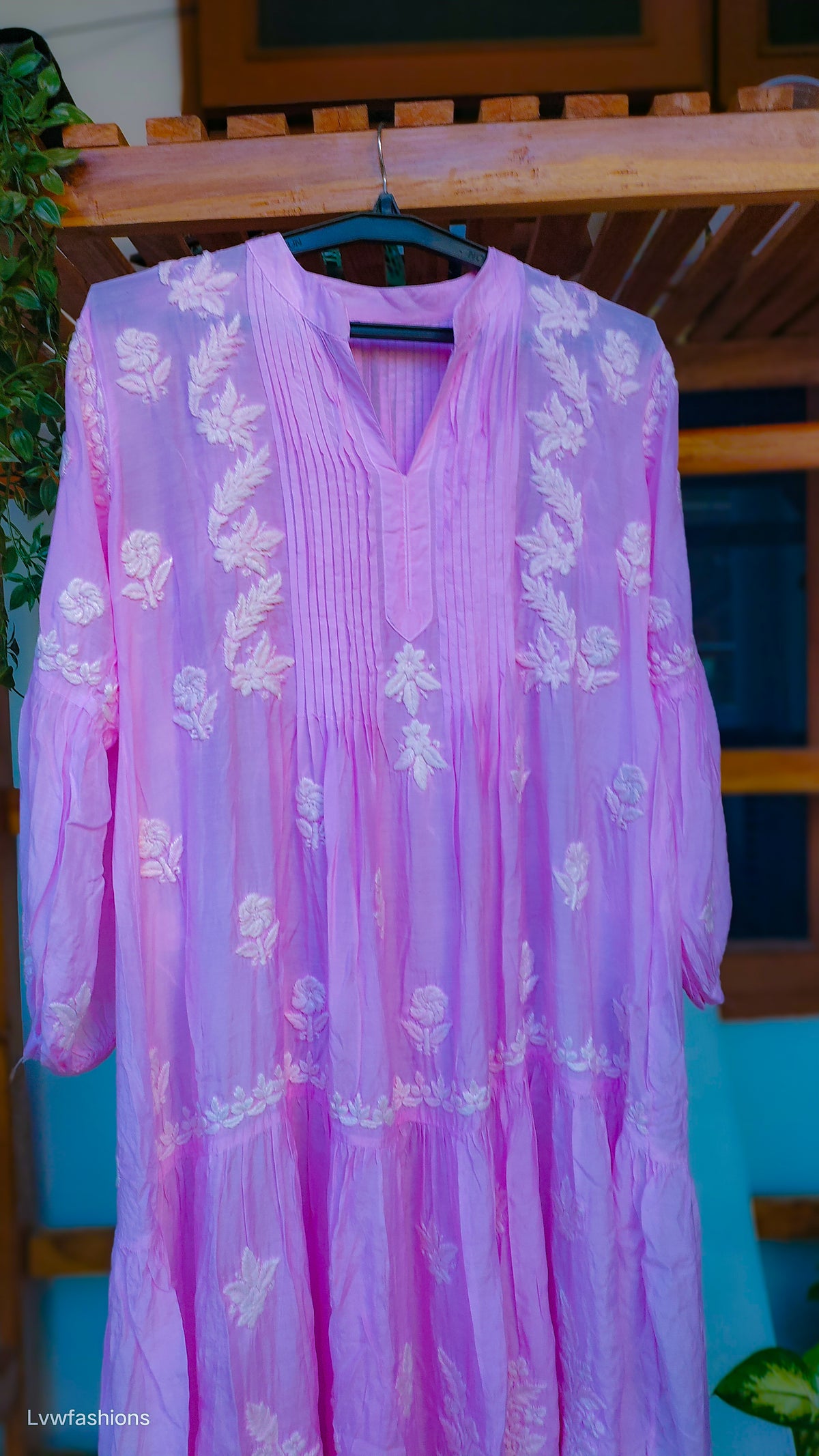 Pinkish premium silk Chikankari midi gown by LVW Fashions, featuring intricate handmade Lucknow Chikankari embroidery.