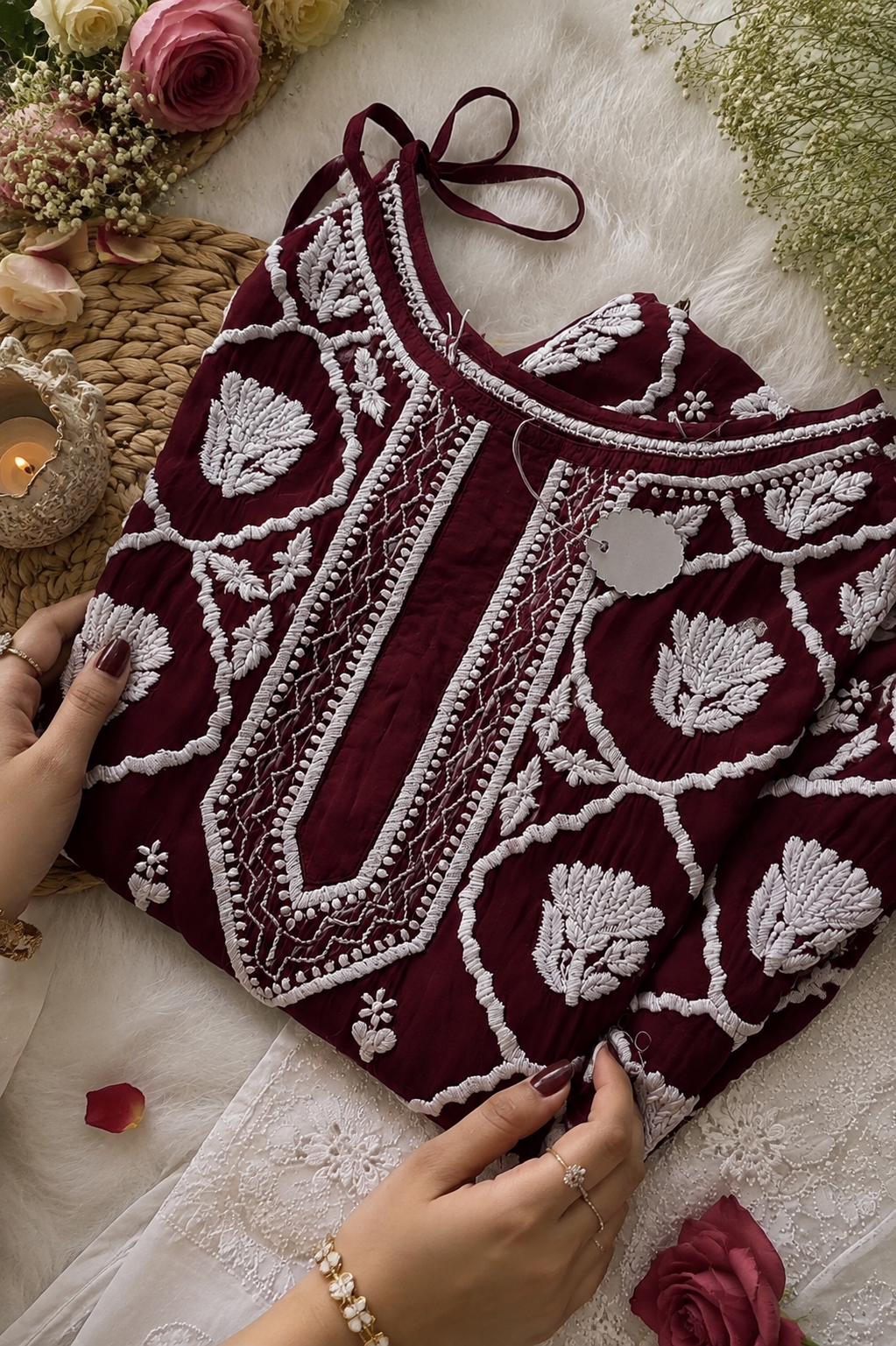 Blood red tulip handcrafted tunic by LVW Fashions, premium crepe silk, pure handmade Chikankari kurta, elegant traditional attire.
