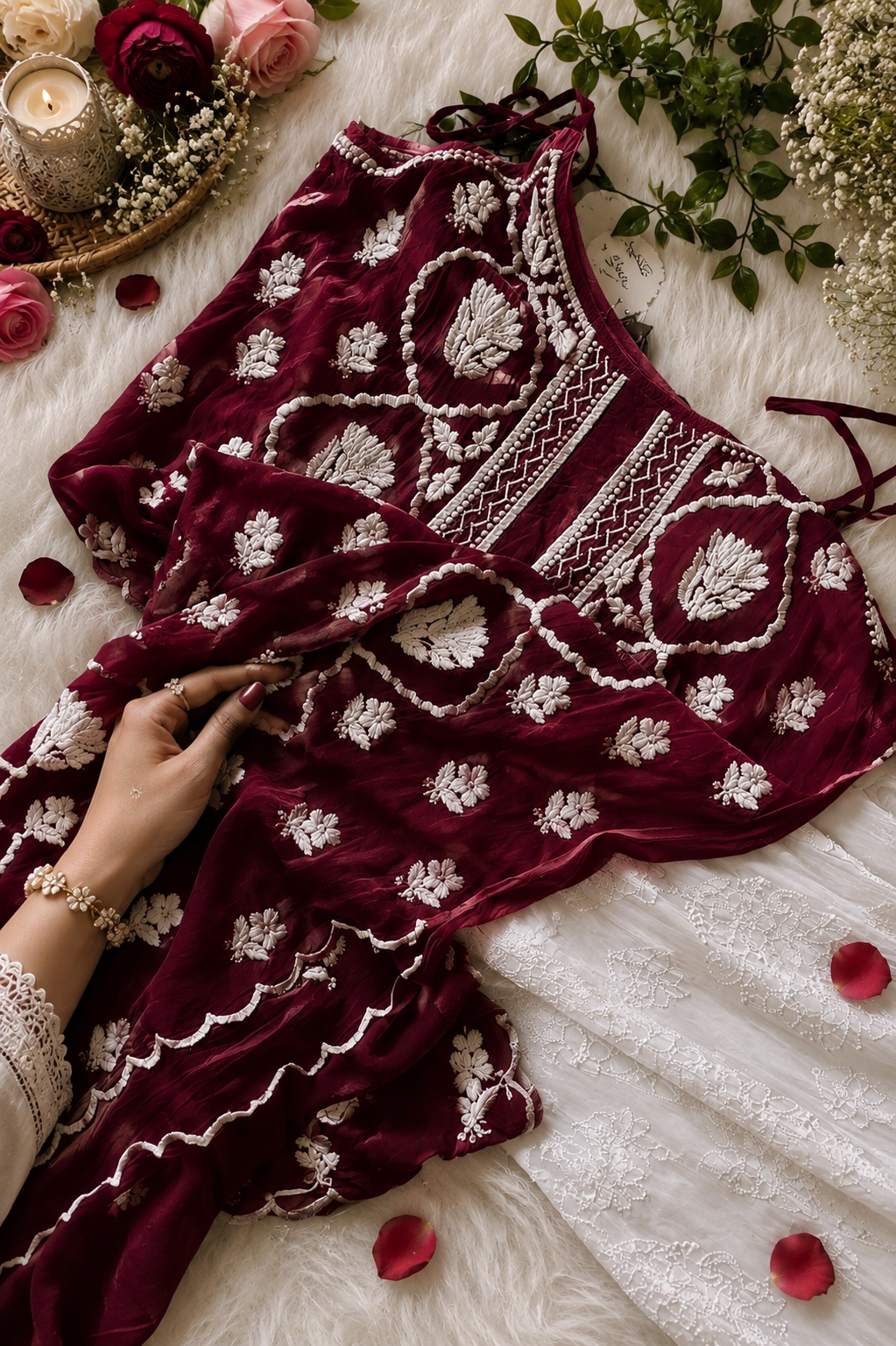 Blood red tulip handcrafted tunic by LVW Fashions featuring premium crepe silk and intricate Lucknow Chikankari embroidery.