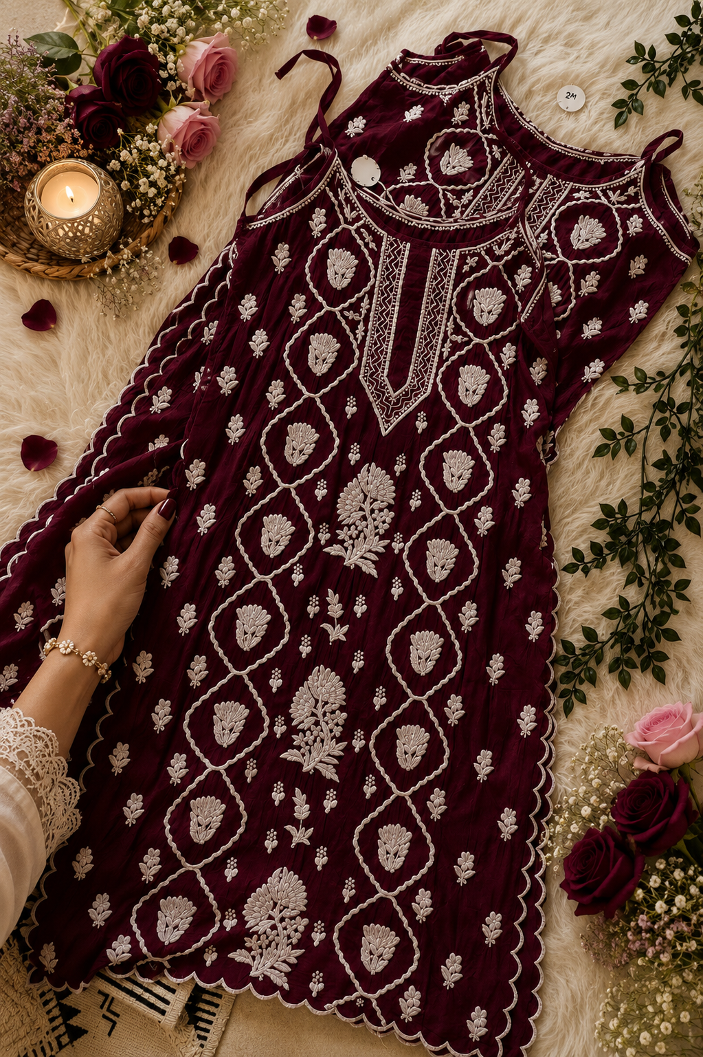 Blood red tulip handcrafted tunic by LVW Fashions in premium crepe silk with Lucknow chikankari embroidery, pure and elegant.