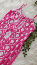 Bright pink tulip handcrafted chikankari tunic by LVW Fashions, made of premium crepe silk, traditional Lucknow embroidery top.