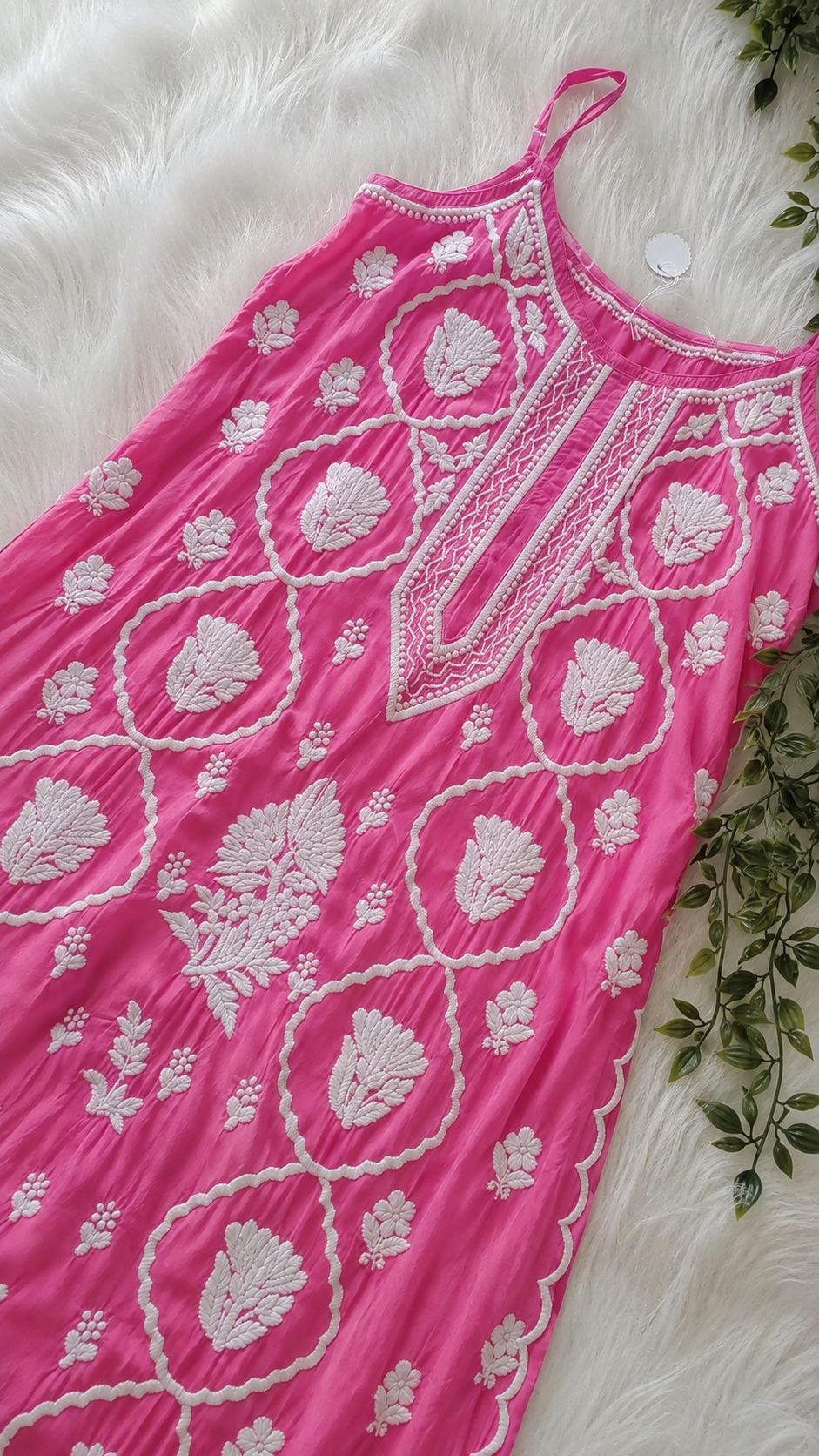 Bright pink tulip handcrafted tunic by LVW Fashions in premium crepe silk with Lucknow Chikankari embroidery, pure and elegant.