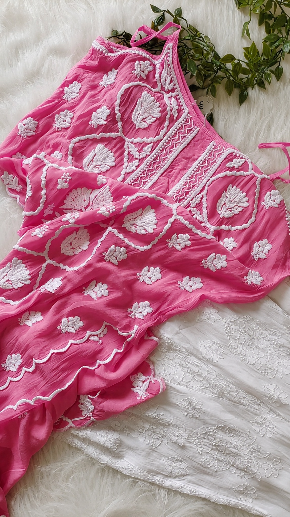 Bright pink Tulip handcrafted Chikankari tunic by LVW Fashions, made from premium crepe silk with intricate Lucknow embroidery.