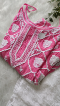 Bright pink tulip Chikankari tunic by LVW Fashions, handcrafted premium crepe silk kurta with intricate Lucknow embroidery.