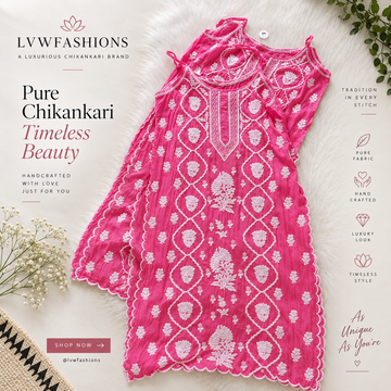 Bright pink tulip crepe silk tunic by LVW Fashions, handcrafted Lucknow chikankari kurta, pure premium fabric, elegant traditional design.