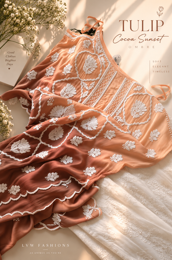 Handcrafted cocoa sunset ombre tulip tunic in premium crepe silk with Lucknow chikankari, showcasing elegant embroidery and pure silk fabric.