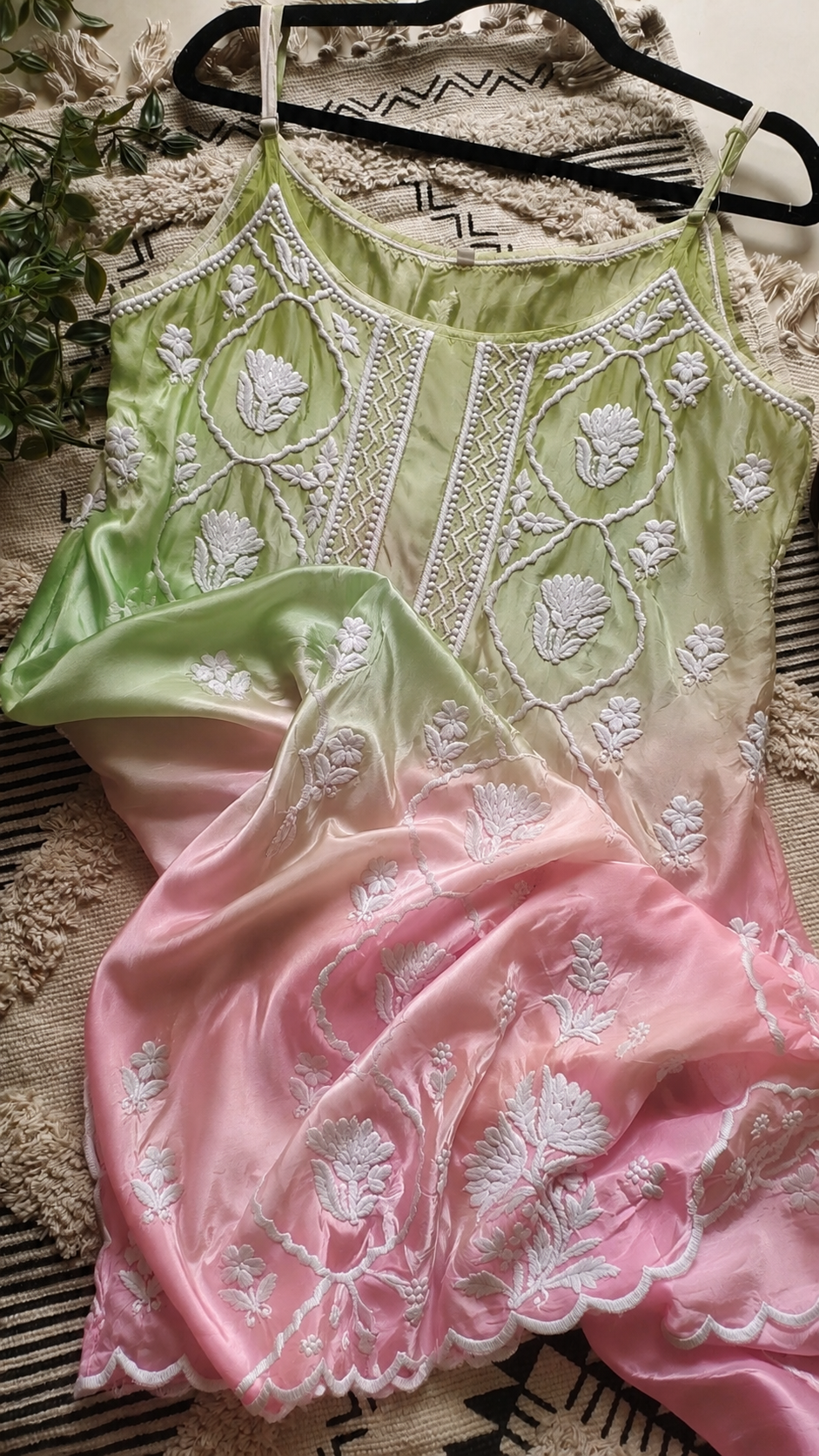 Greepink Tulip handcrafted premium crepe silk tunic by LVW Fashions featuring intricate Lucknow Chikankari embroidery.