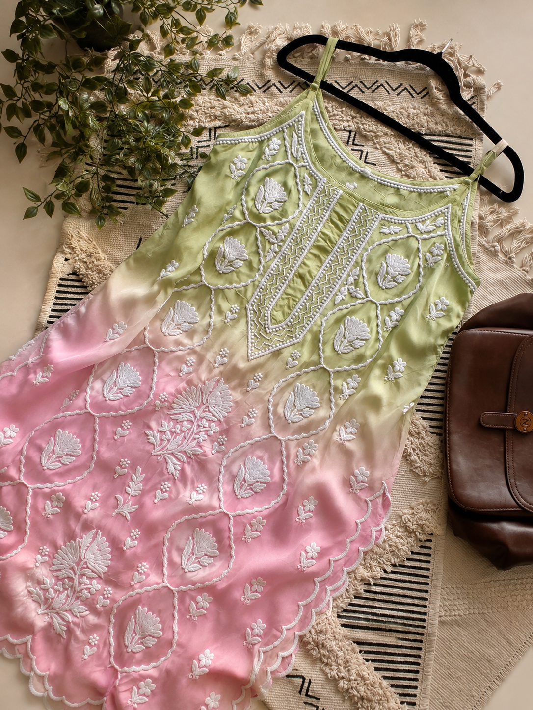 Greepink Tulip premium crepe silk handcrafted tunic by LVW Fashions, showcasing intricate Lucknow Chikankari embroidery.
