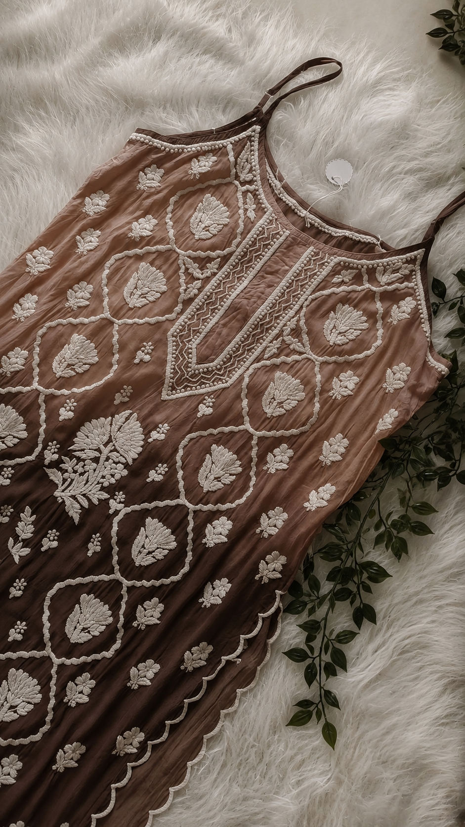 Handcrafted LVW Fashions Chikankari kurta in premium crepe silk with Hershey's Kiss Tulip design, pure handmade Lucknow embroidery top.