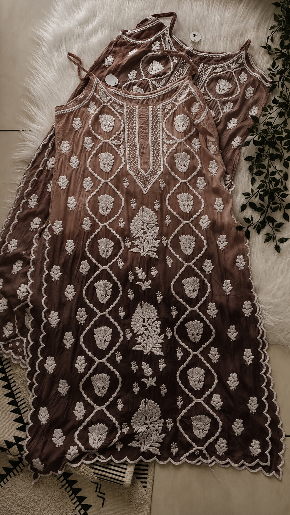 Hershey's Kiss Tulip premium crepe silk handcrafted tunic by LVW Fashions, featuring Lucknow chikankari embroidery.