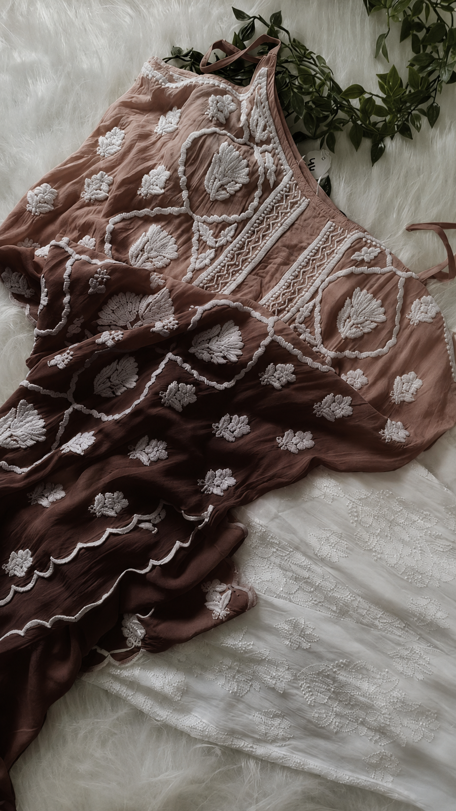 Handcrafted Hershey's Kiss Tulip premium crepe silk tunic by LVW Fashions featuring Lucknow Chikankari embroidery.