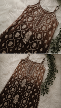 Handcrafted Hershey's Kiss Tulip premium crepe silk tunic by LVW Fashions featuring Lucknow Chikankari embroidery, view of the top.