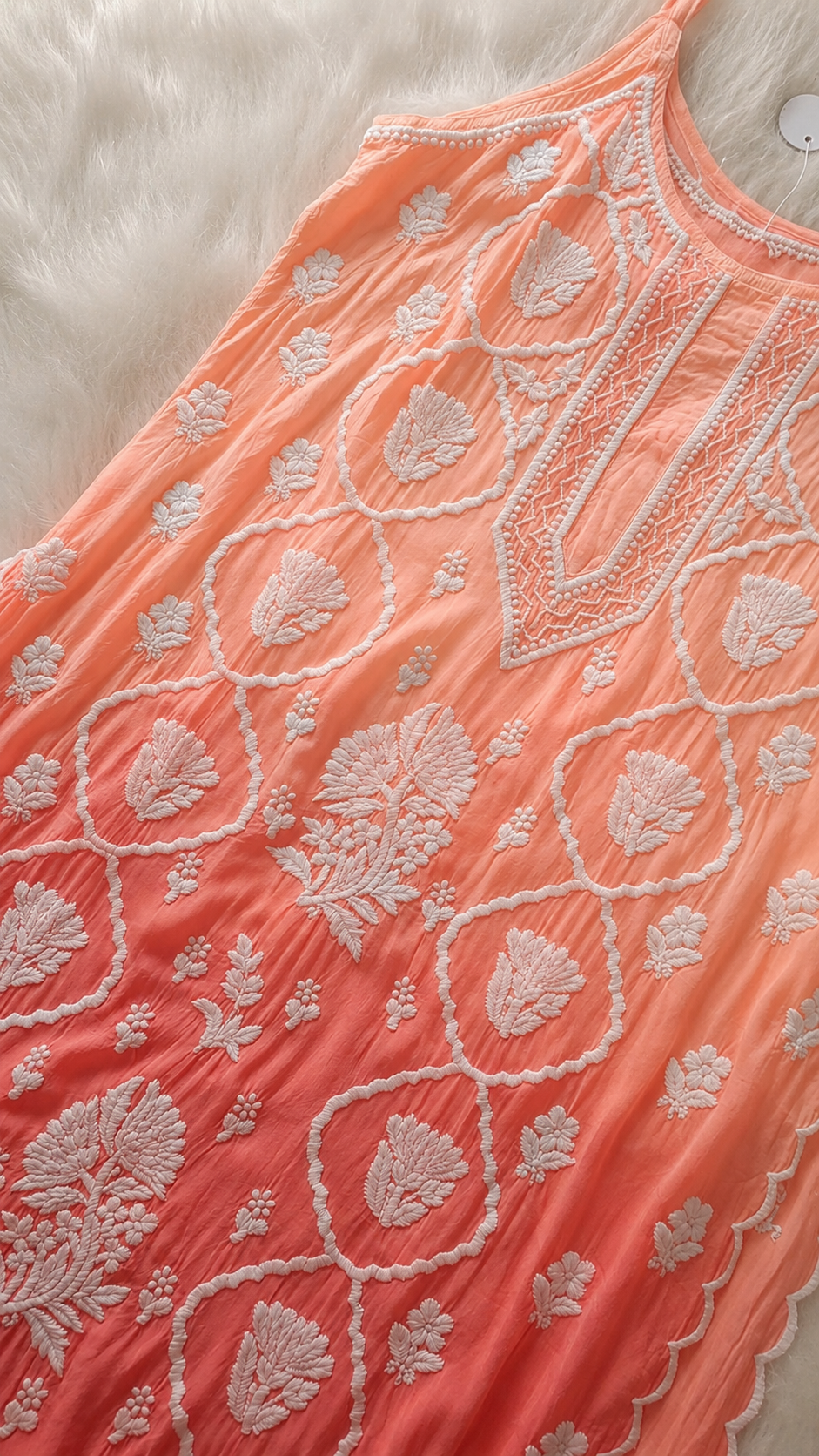 Handcrafted peach tulip Chikankari tunic in premium crepe silk by LVW Fashions, featuring intricate Lucknow embroidery.
