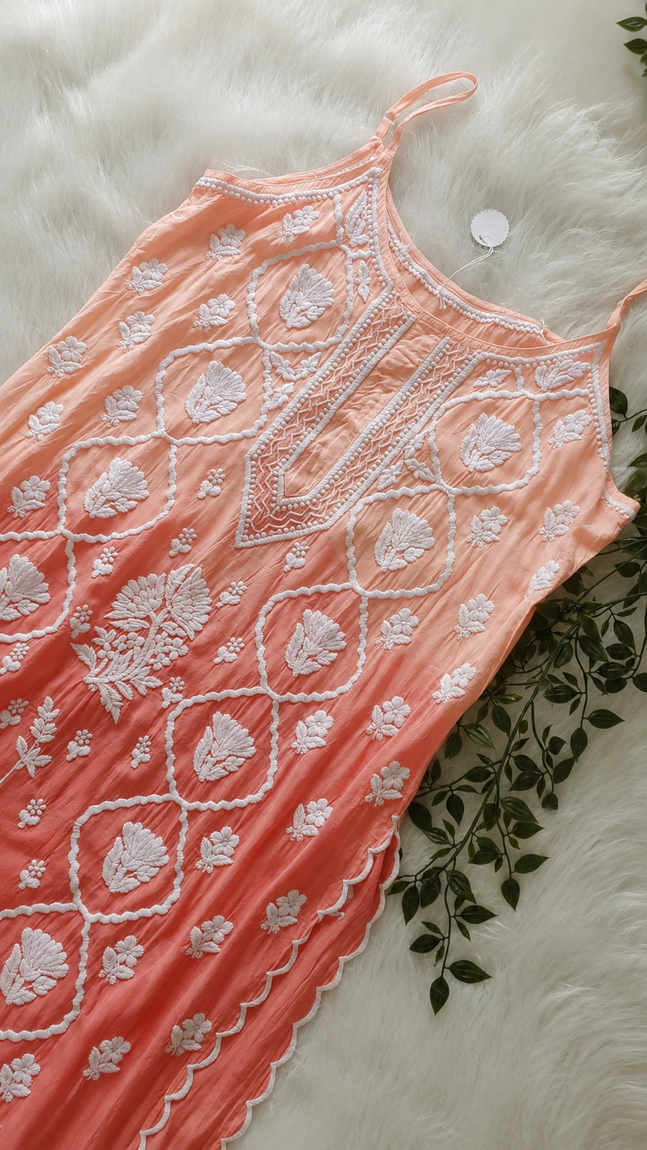 Beautiful handcrafted peach tulip Chikankari kurta by LVW Fashions, premium crepe silk tunic with intricate Lucknow embroidery.