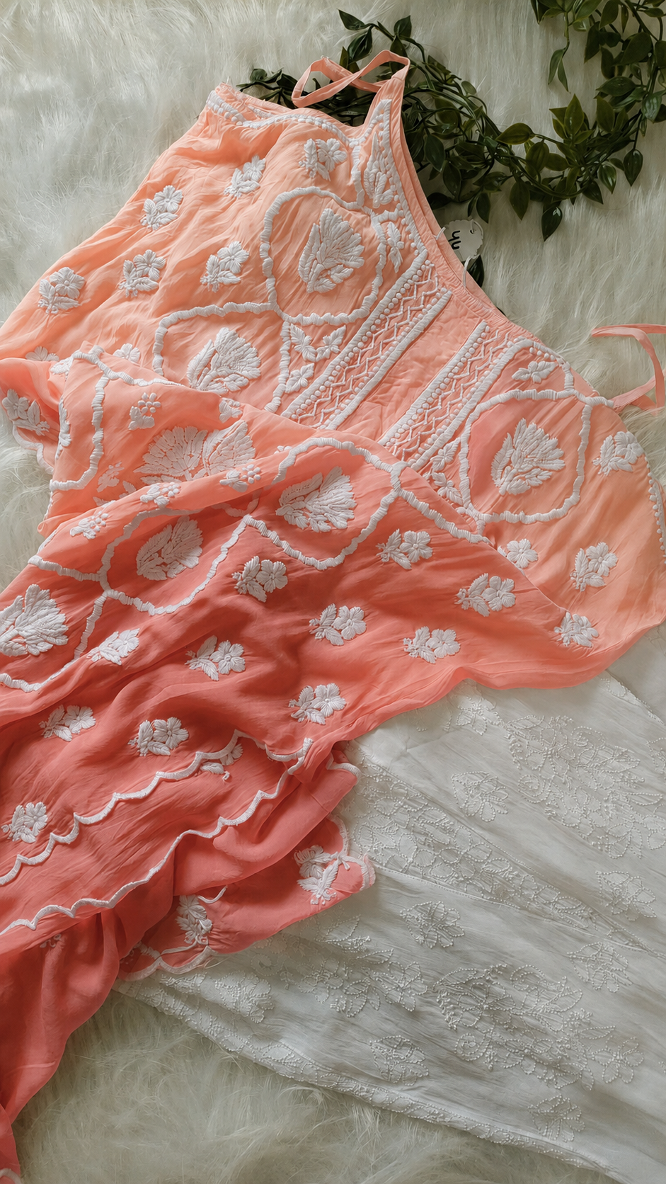 Handcrafted Peaches Tulip Chikankari Kurta by LVW Fashions, made from premium crepe silk, featuring delicate Lucknow embroidery.