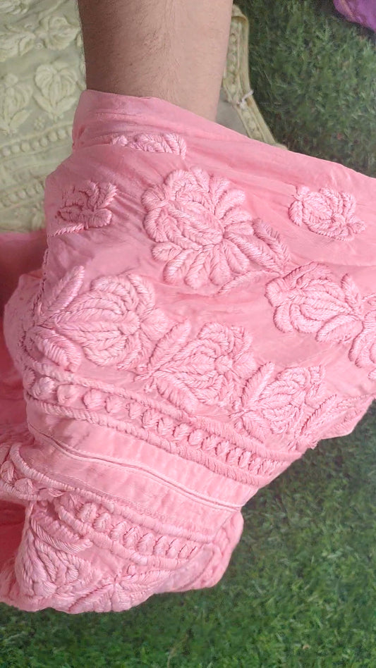 Pink GULAB Premium Silk Chikankari short top by LVW Fashions, handmade Lucknow chikankari kurta, lightweight and stylish.